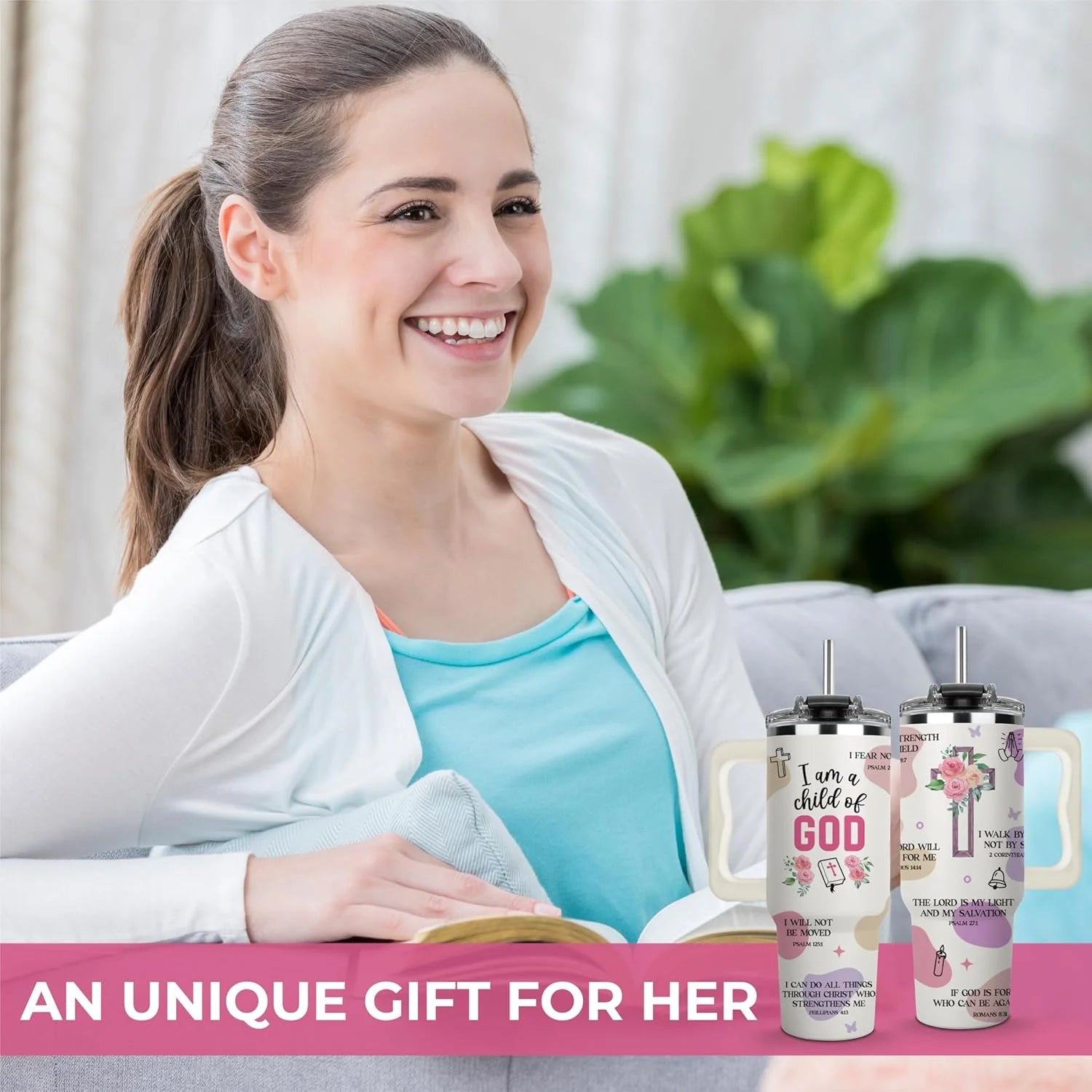Inspirational 40 Oz Tumbler with Handle - Best Mom Ever - Perfect Christian Gift for Women